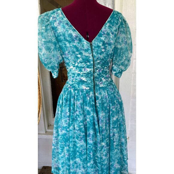 Vintage 1950d Floral  Blue Dress With Puff Sleeves Tulle Puff Skirt Sz Small - Picture 13 of 16